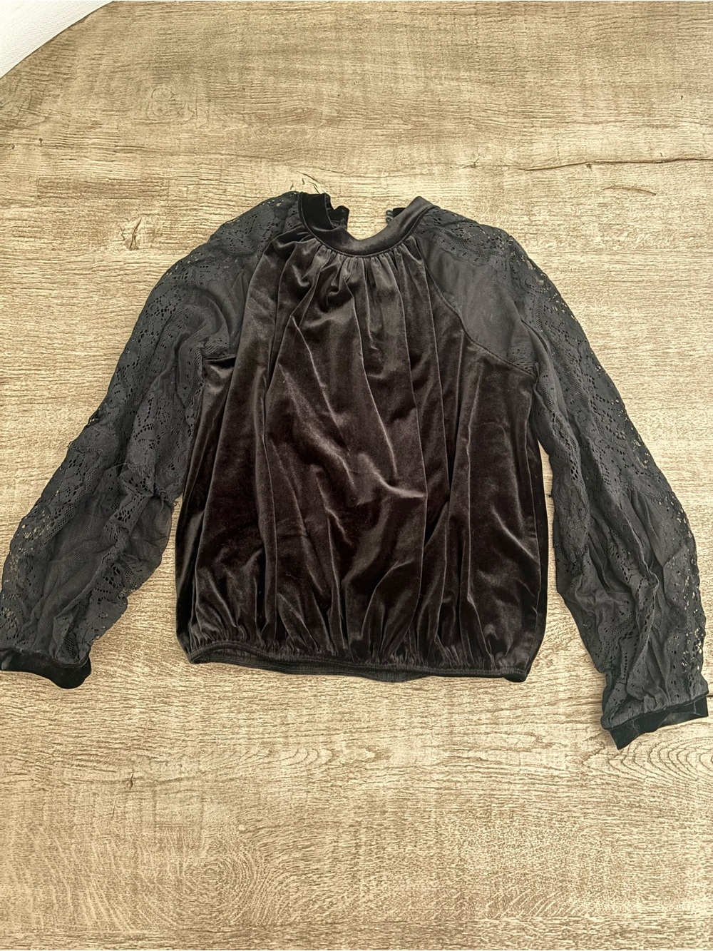 Free People Black Velvet Blouse with Lace Sleeves